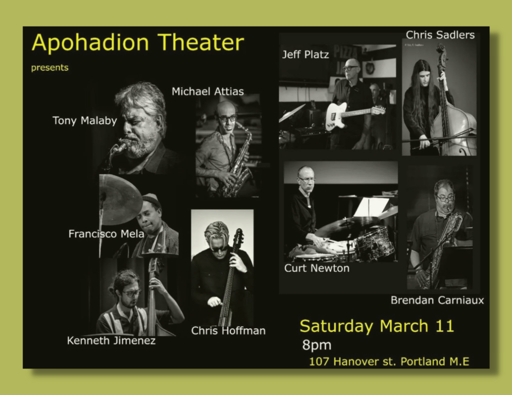 The Apohodian presents Tony Malaby Quintet and Jeff Platz Quartet